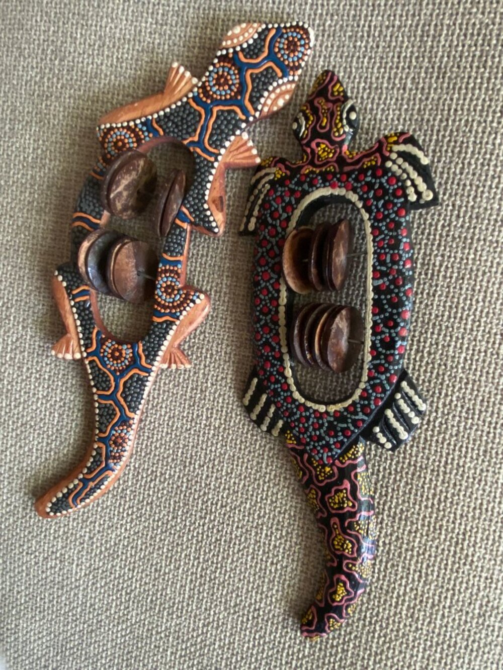 🦎 Handcrafted Gecko Wood Lizard Percussion Instruments w/ Coconut Shells - Pair